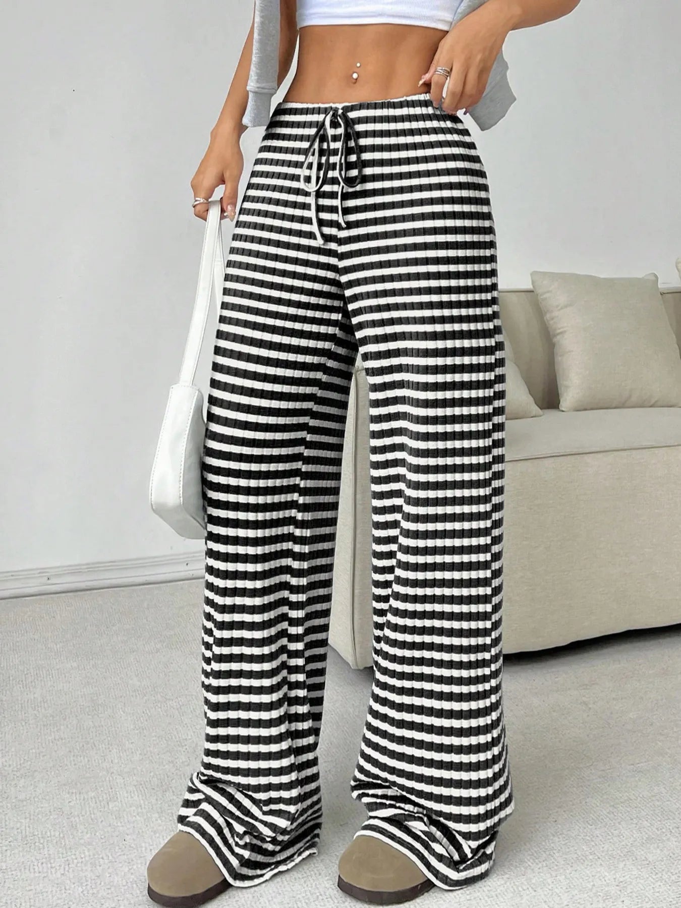 Striped wide-leg drawstring pants, black and white stripes, drawstring waistband