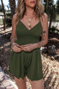 Army green V-neck spaghetti strap romper with fitted waist and short legs
