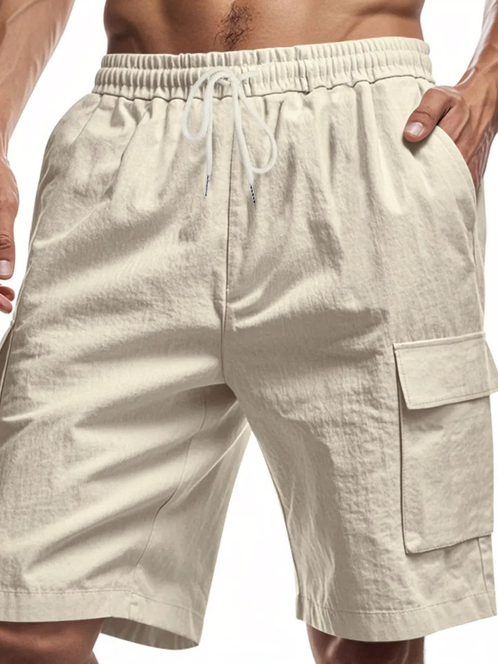 Men's khaki drawstring cargo shorts with elastic waistband and flap side pocket