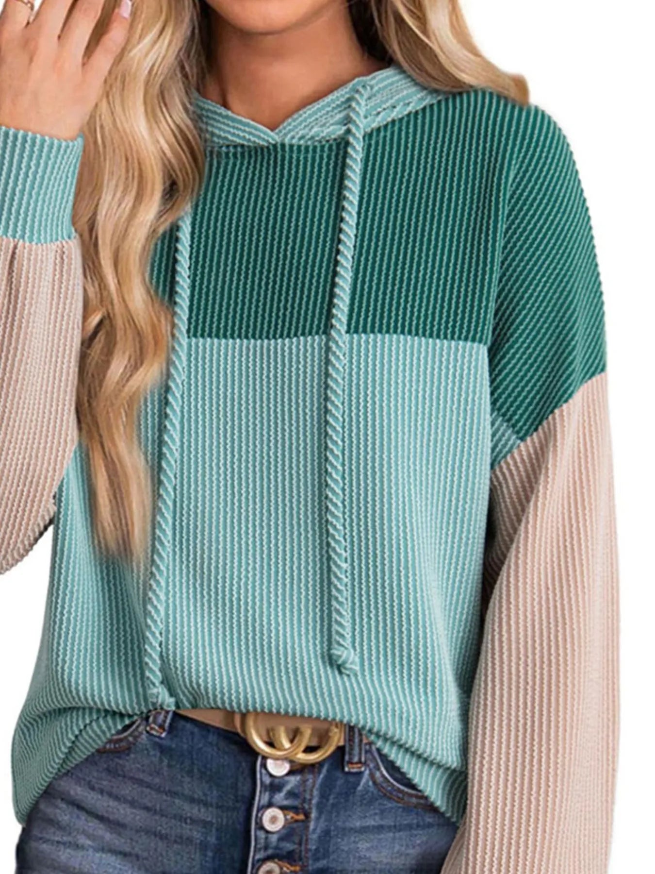Color-block long-sleeve hoodie with hood and drawstring, teal front panels and beige side sleeves