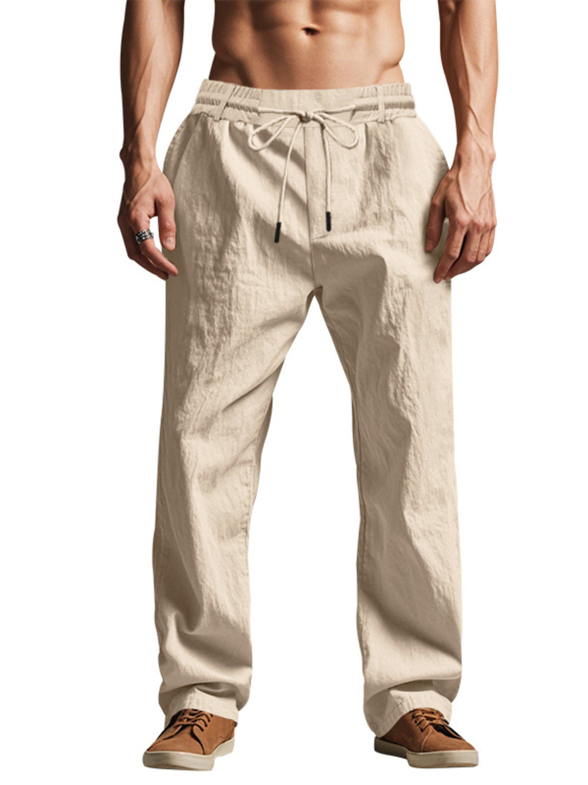 Lightweight men’s drawstring pants in beige, elastic waistband with tie, loose legs