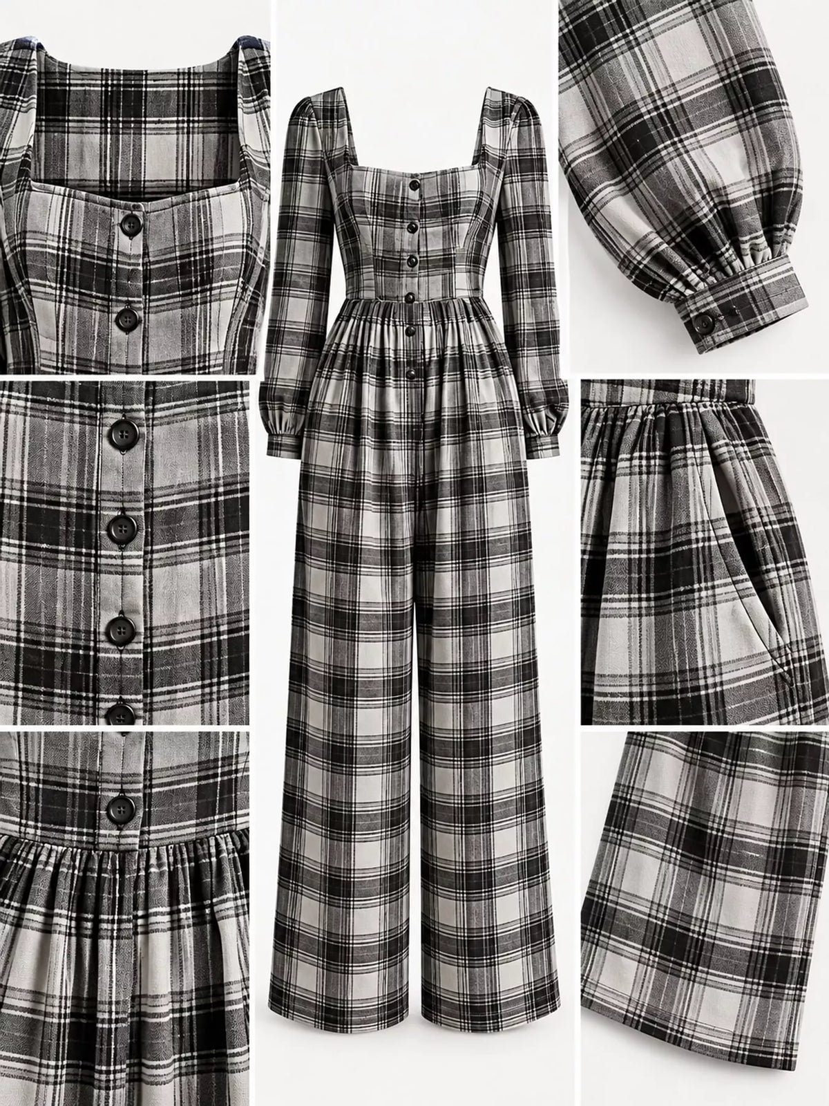 Plaid jumpsuit details: square neck, button front, gathered waist, long sleeves, black and white