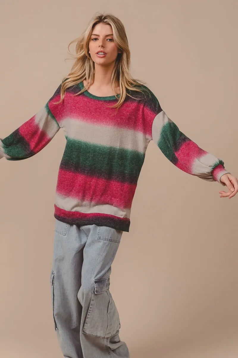 Striped knit top with crew neck, long sleeves; wide fuchsia, cream, and dark green bands