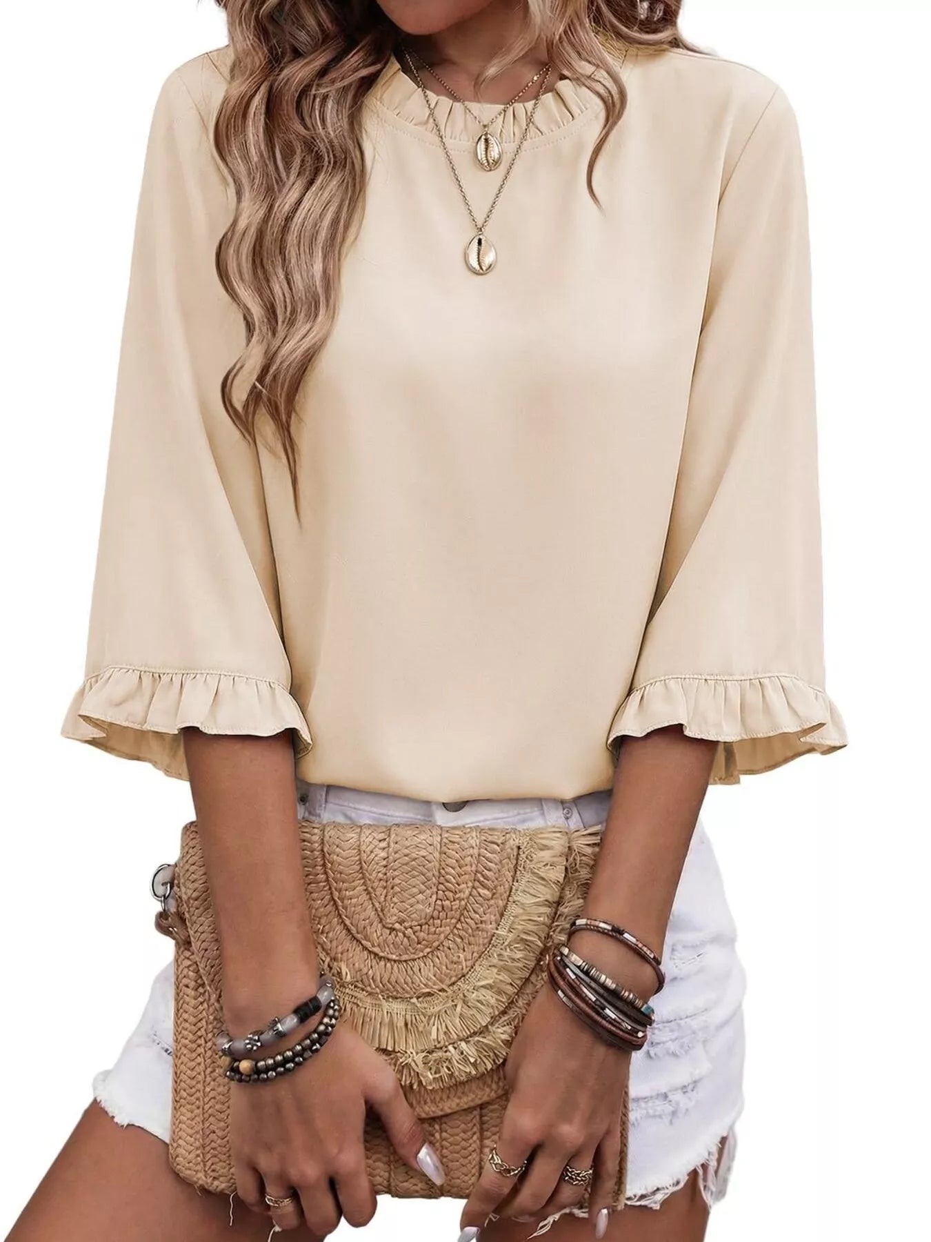 Ruffle Trim Half Sleeve Blouse in beige by Trendsi