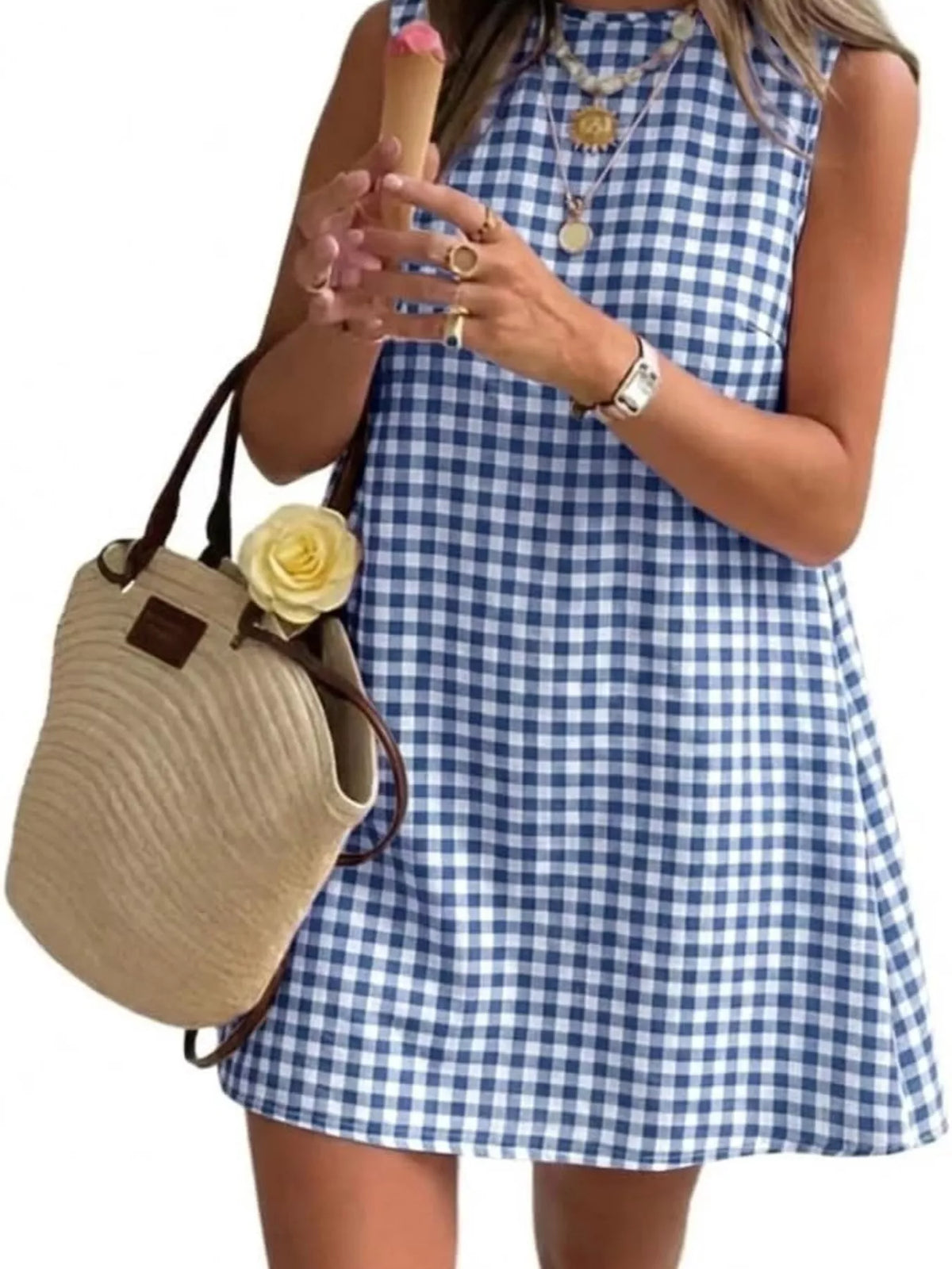 Blue and white gingham sleeveless A-line mini dress with round neckline