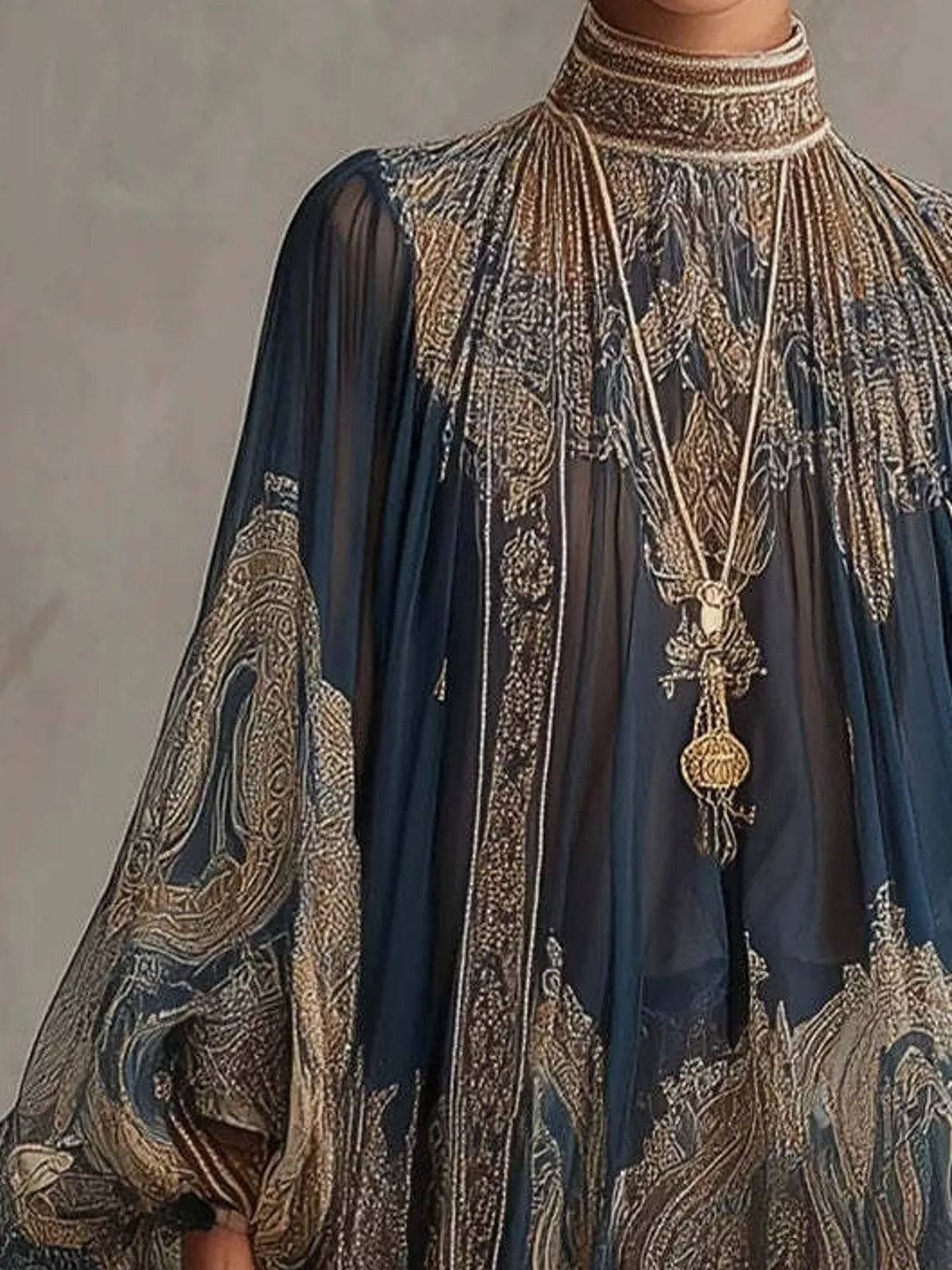 Navy embroidered chiffon dress with ornate paisley yoke and gathered neckline