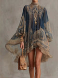 Navy chiffon high-low dress with paisley embroidery and long billowy sleeves