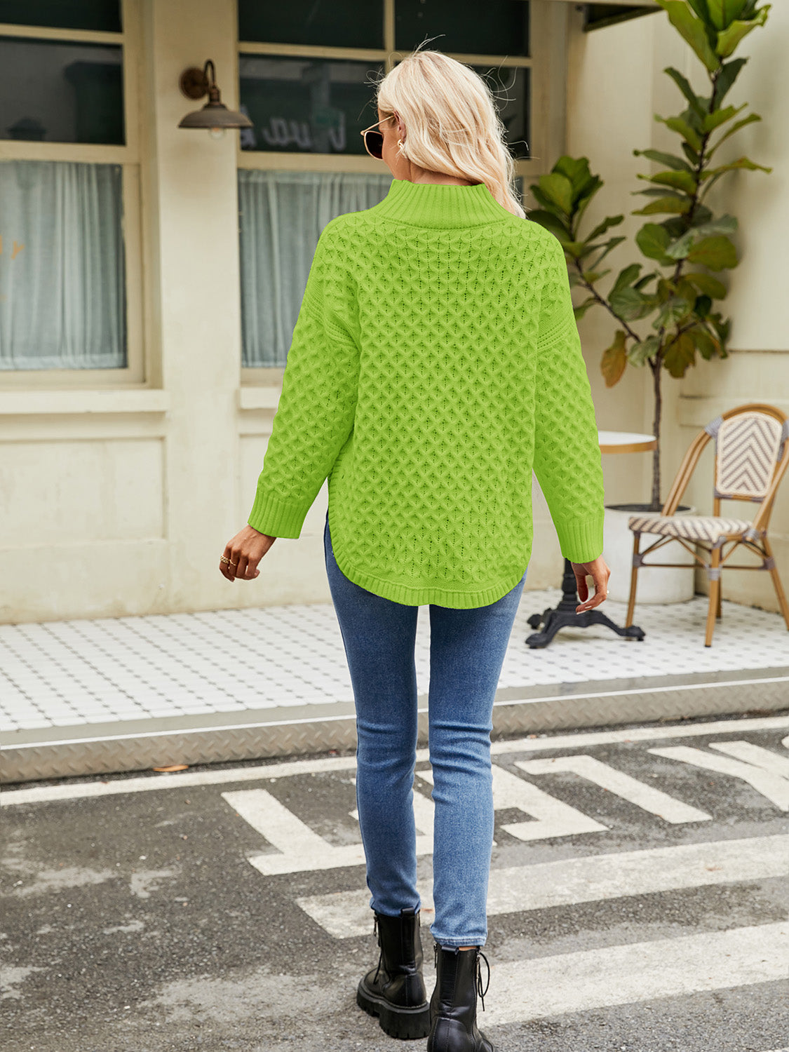 Lime green mock neck knit sweater from back, long sleeves, textured diamond pattern