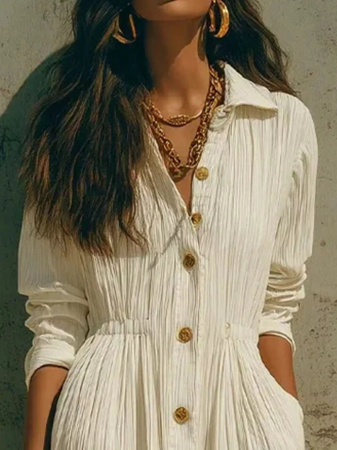 White textured button-front maxi dress, long sleeves, gathered waist and gold buttons
