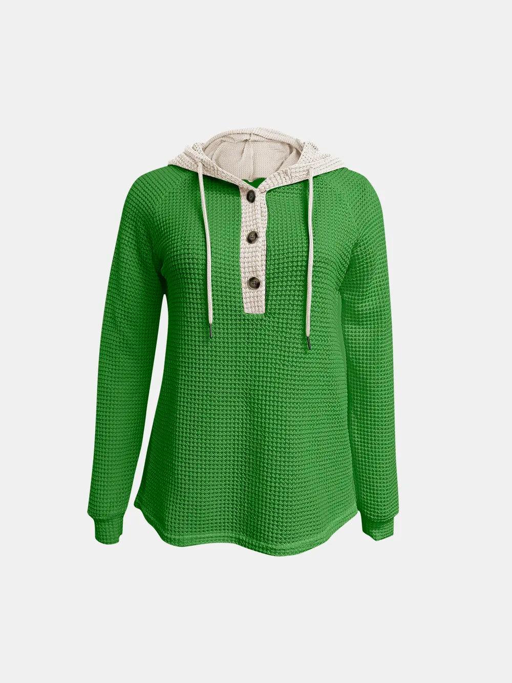 Green waffle-knit hoodie, back view: long sleeves, hood drawstrings, contrast trim.