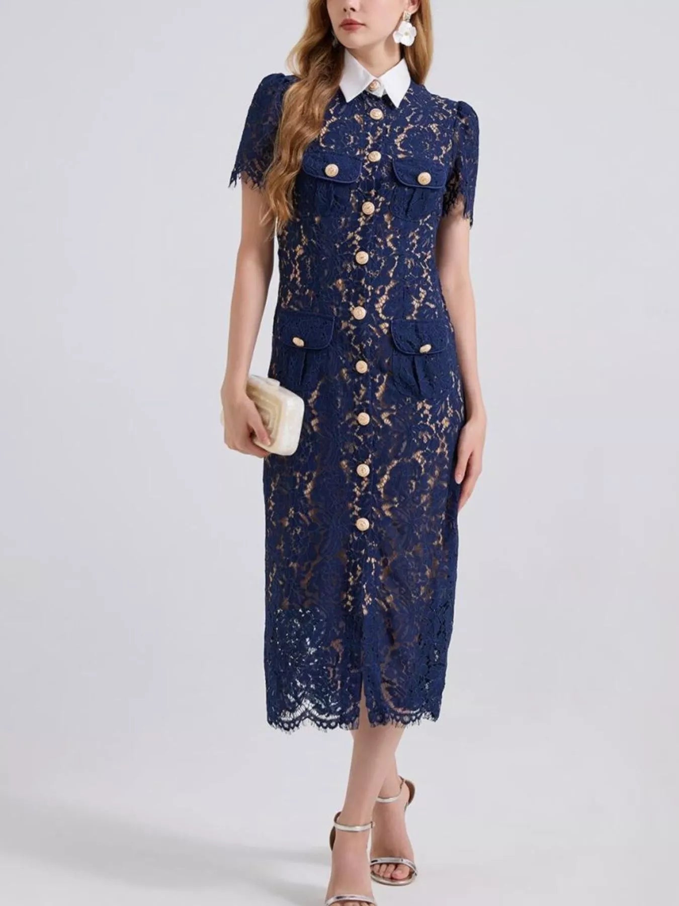 Cedar & Moore Lace Button-Down Navy Midi Dress with gold buttons and pocket flaps