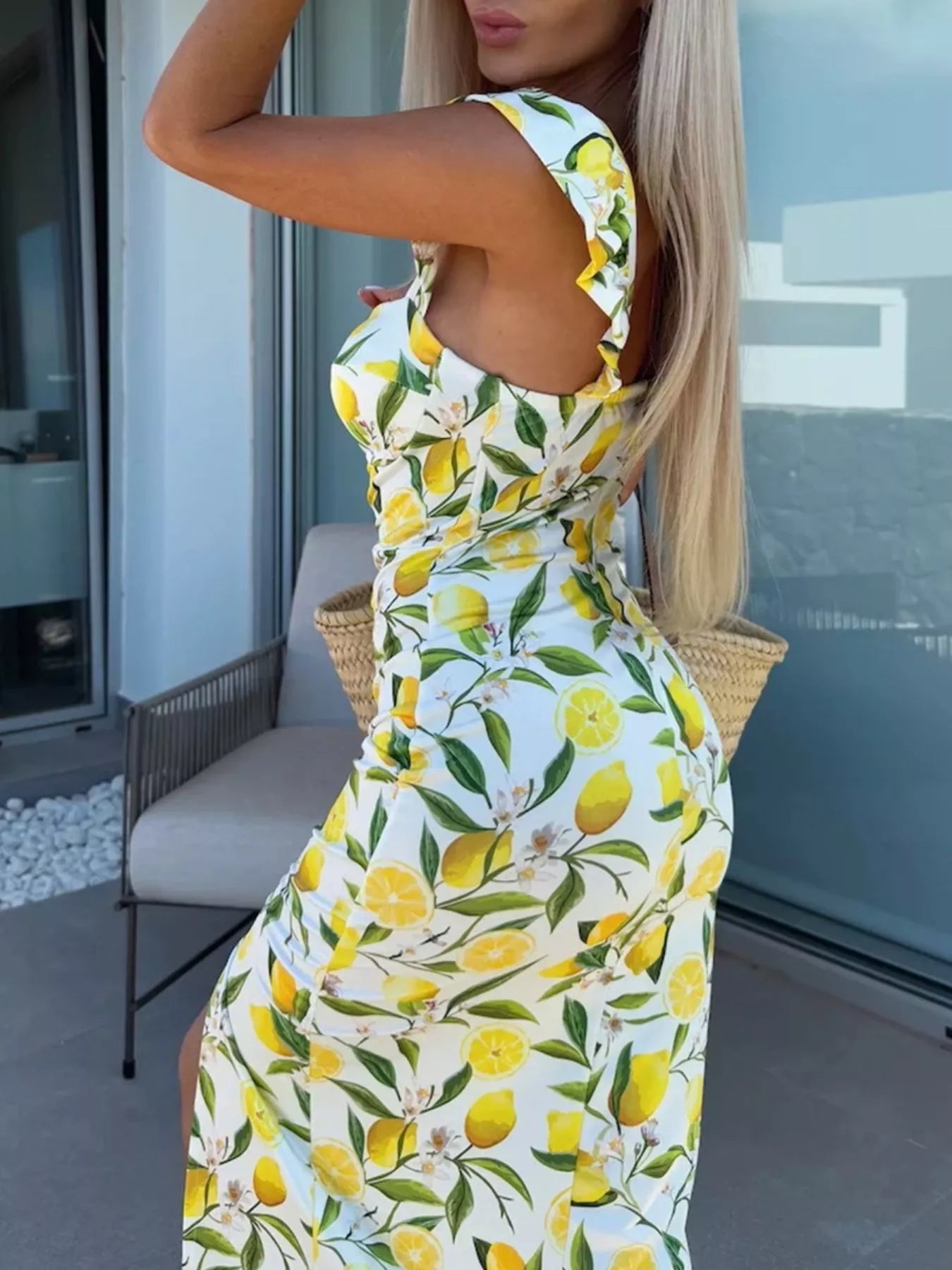 Lemon print midi dress with fitted waist and front side slit