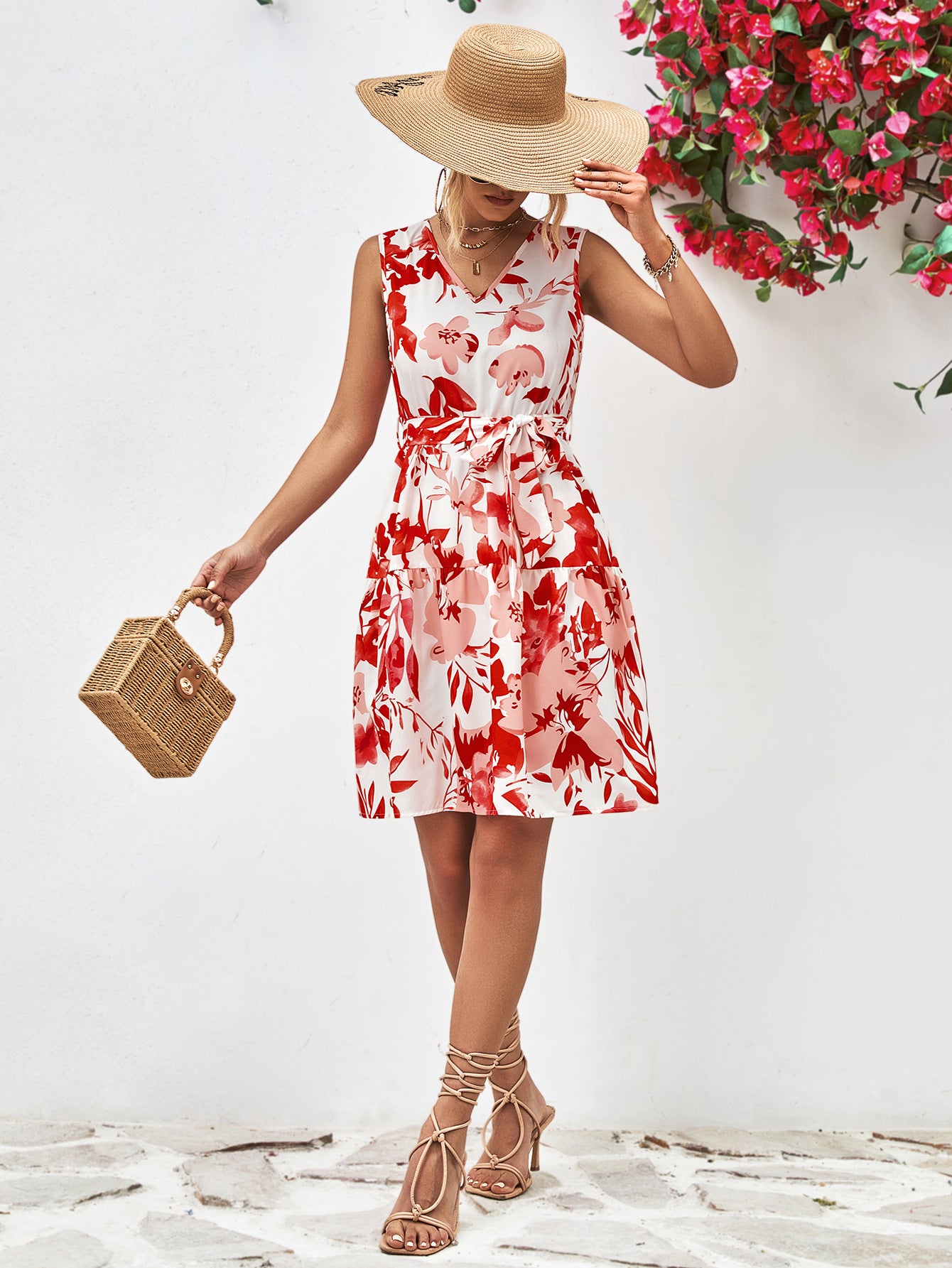 Sleeveless floral V-neck tie-waist dress, red-and-white print, tiered skirt