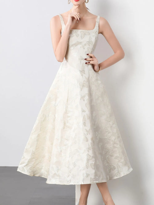 Light apricot butterfly A-line midi dress, square neckline, sleeveless, full skirt
