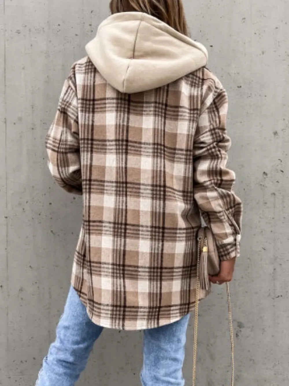 Camel plaid jacket with removable hood, back view, long sleeves