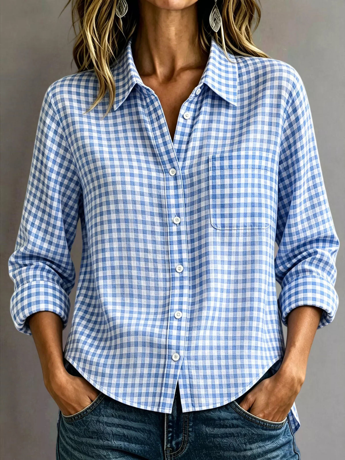 Light blue gingham button-down shirt with long sleeves and chest pocket