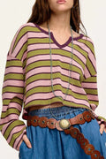Striped long-sleeve T-shirt with notched neckline, pink and green and purple stripes