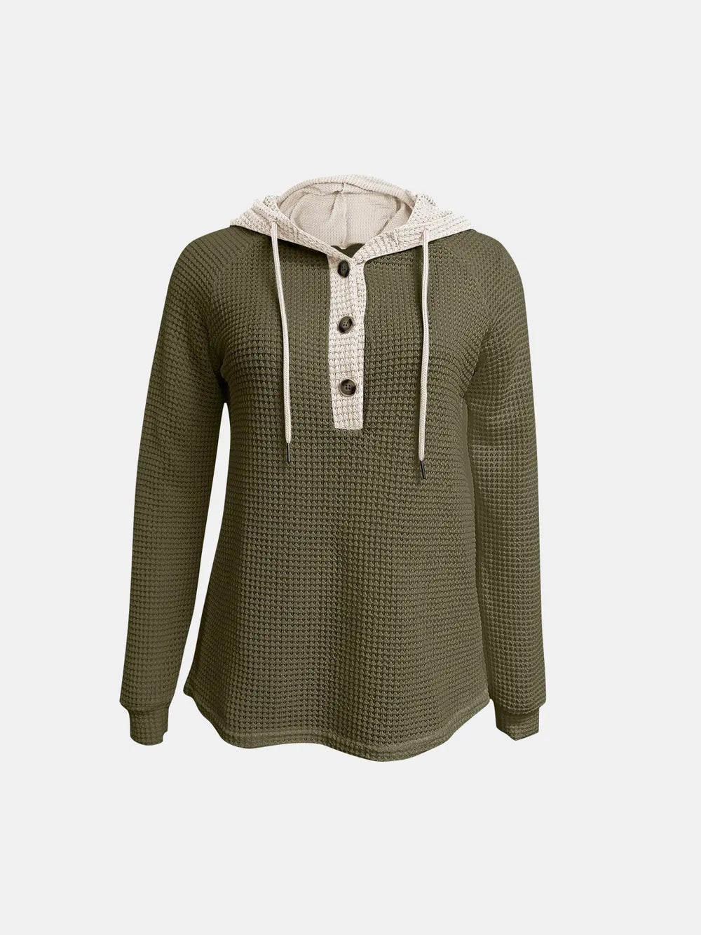 Moss green waffle-knit long-sleeve hoodie with contrast hood, shown from the back