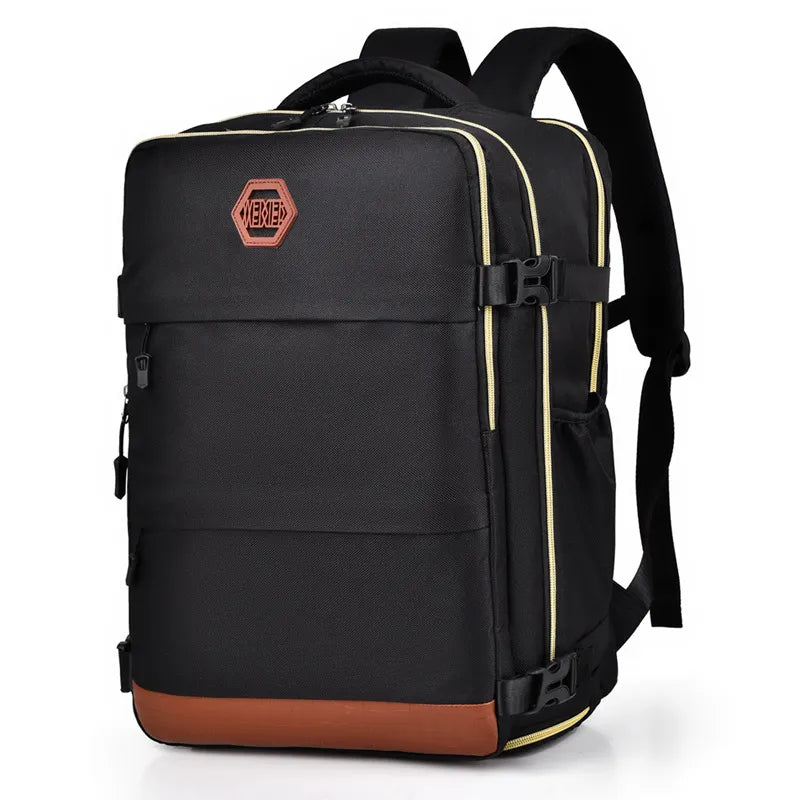 Multi-pocket backpack bag in black with gold trim and brown bottom; front buckles
