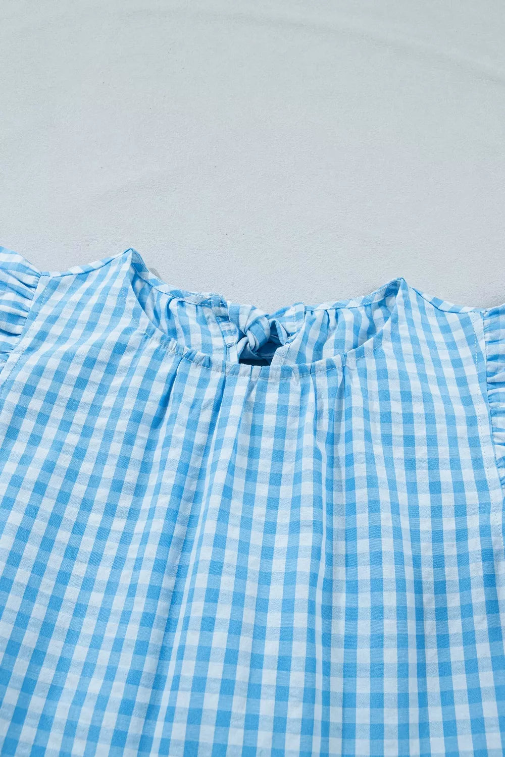 Cedar & Moore Knot Back Ruffled Short Sleeve Gingham Maxi Dress in blue and white gingham with tie back