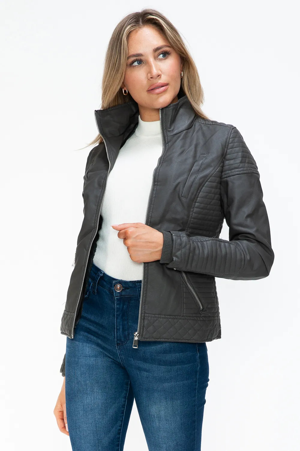 Charcoal double-zipper jacket with quilted texture and hood, hood down