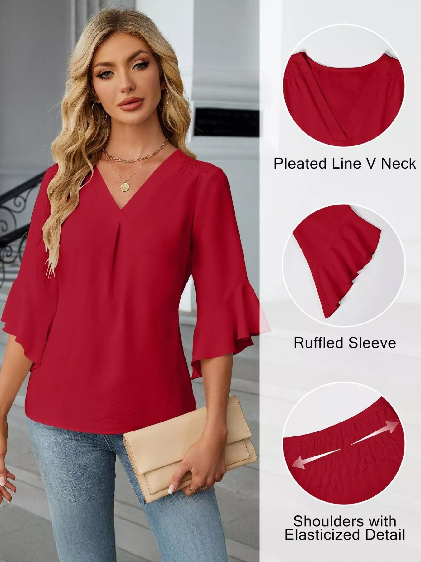 V-Neck Ruffle Sleeve Blouse in red; model wearing with light-wash jeans.