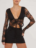 Black lace plunge long-sleeve cropped shirt with tie-front and open V neckline