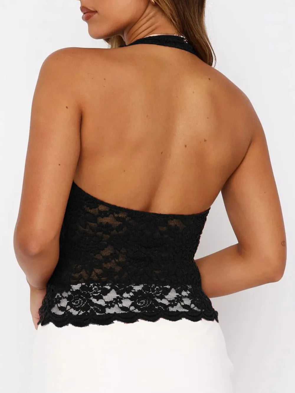 Black lace backless halter neck cami, open back, scalloped lace hem