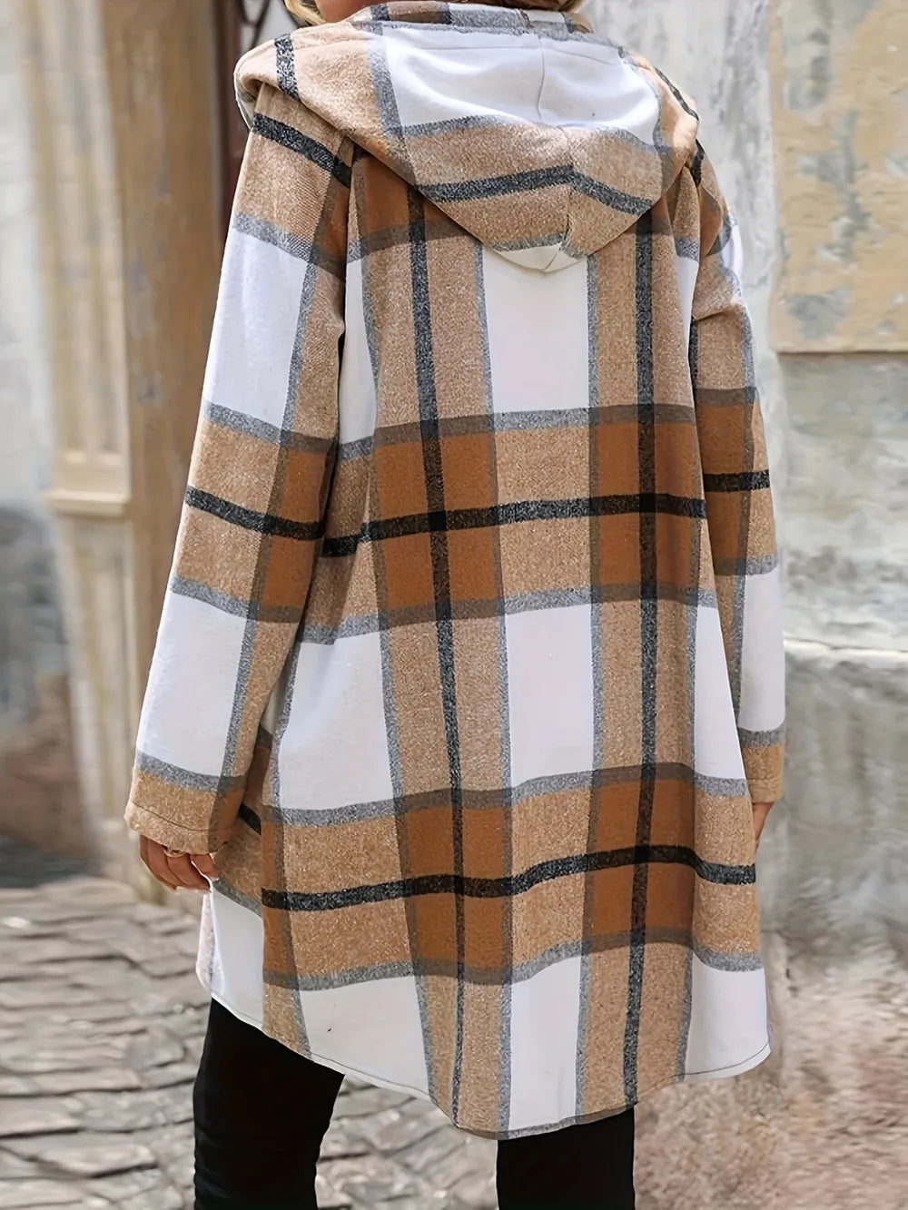 Camel plaid hooded jacket from back view with attached hood and zip front