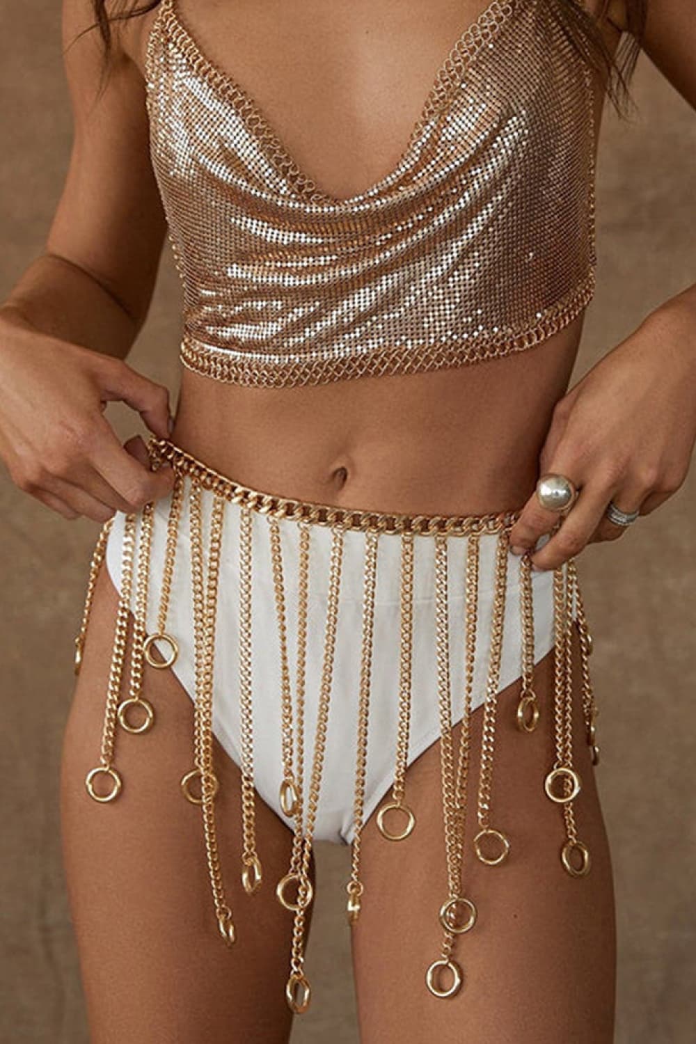 Gold chain fringe belt with oval drop charms and wide waistband chain