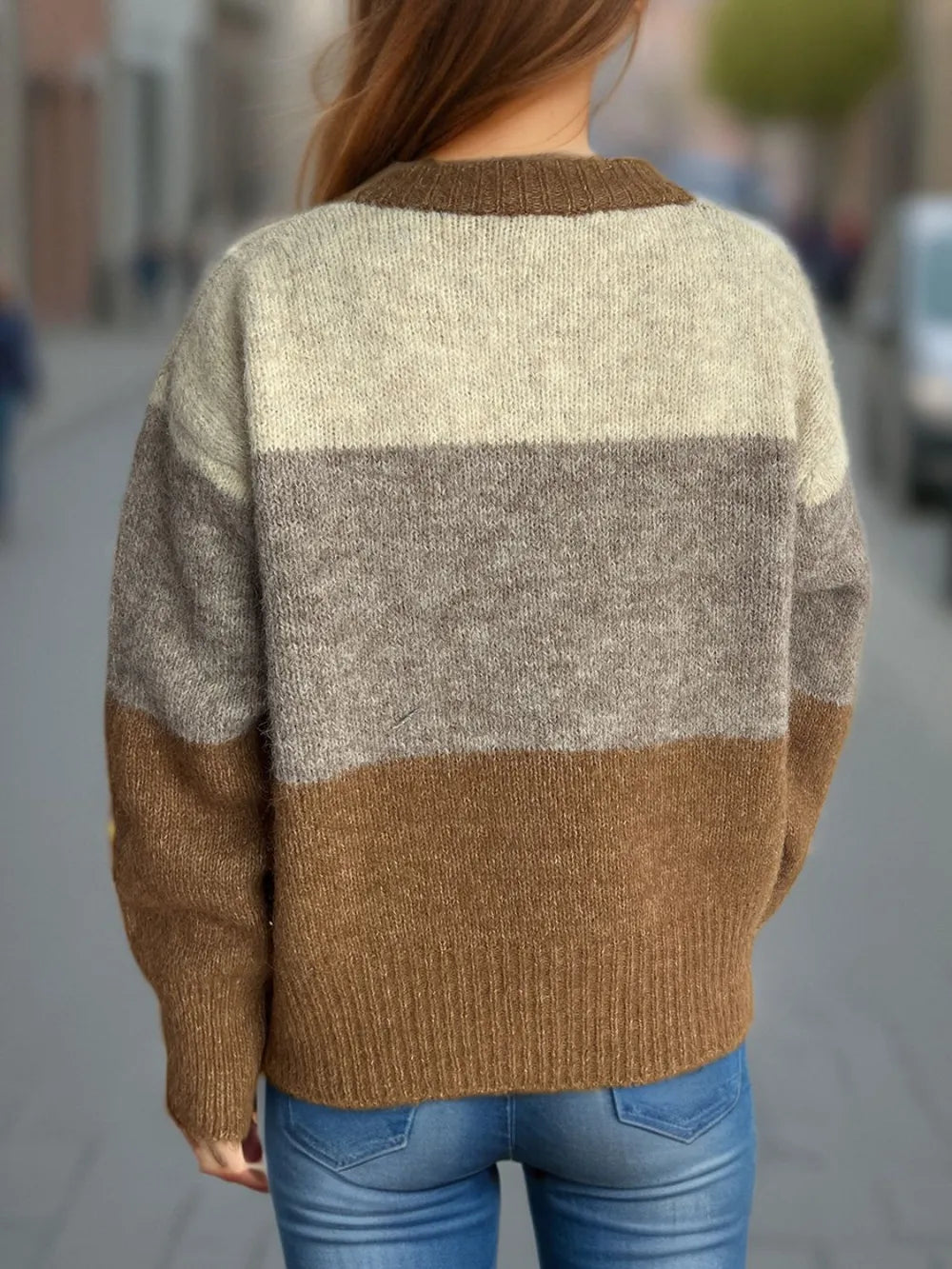 Back view color-block button-up cardigan in heather gray with tan-brown stripe