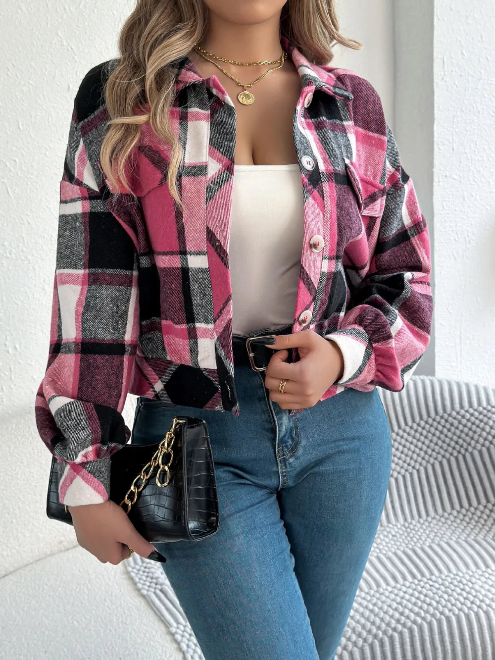 Plaid button-up long-sleeve jacket, pink and black plaid, chest pockets and button front