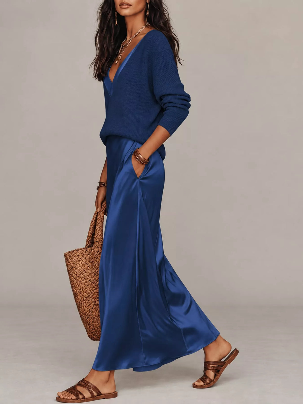 Dark blue ribbed V-neck top and satin midi skirt two-piece set, three-quarter sleeves