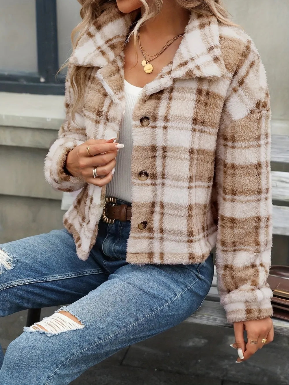 Plaid camel fleece button-up jacket with collar, long sleeves, button front detail