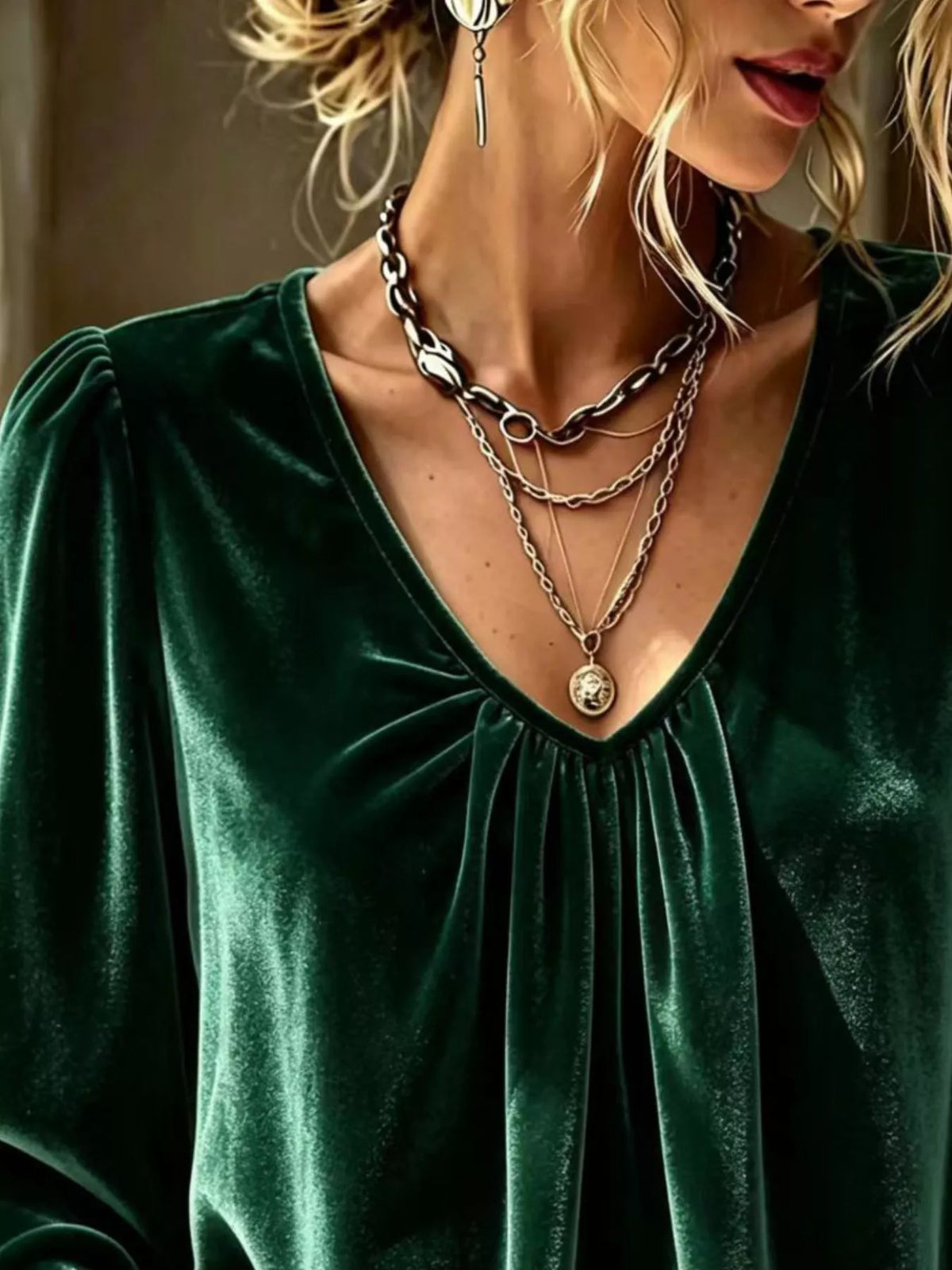 Deep green V-neck ruched blouse with gathered pleats at the neckline
