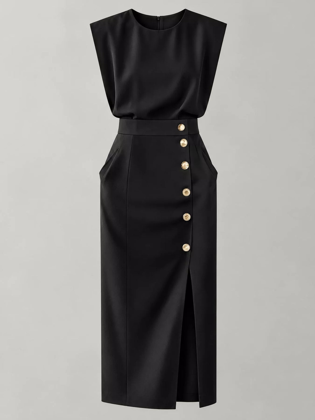 Black sleeveless midi dress with gold buttons down front and side slit