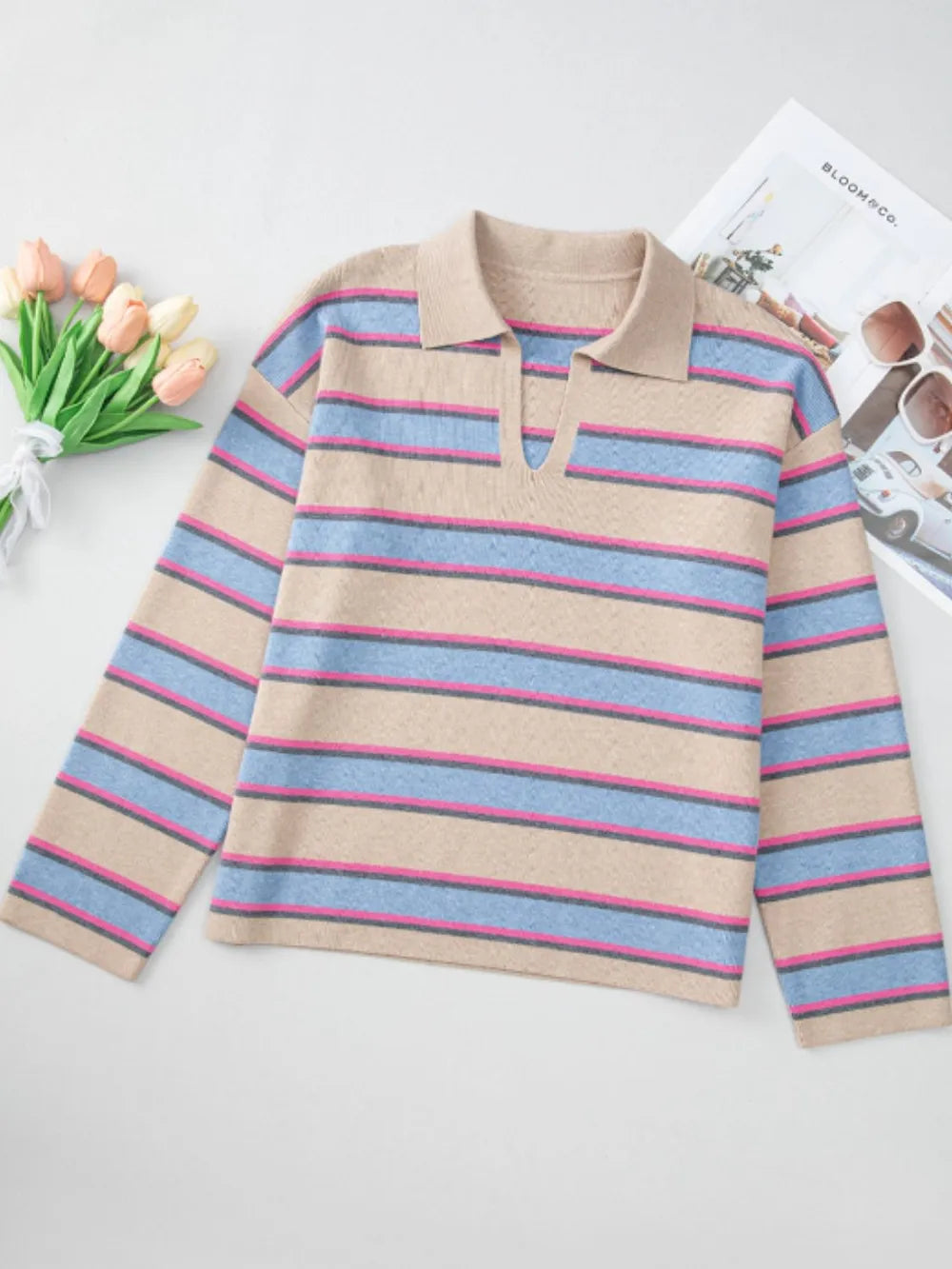 Beige striped long-sleeve sweater with V-neck and collar