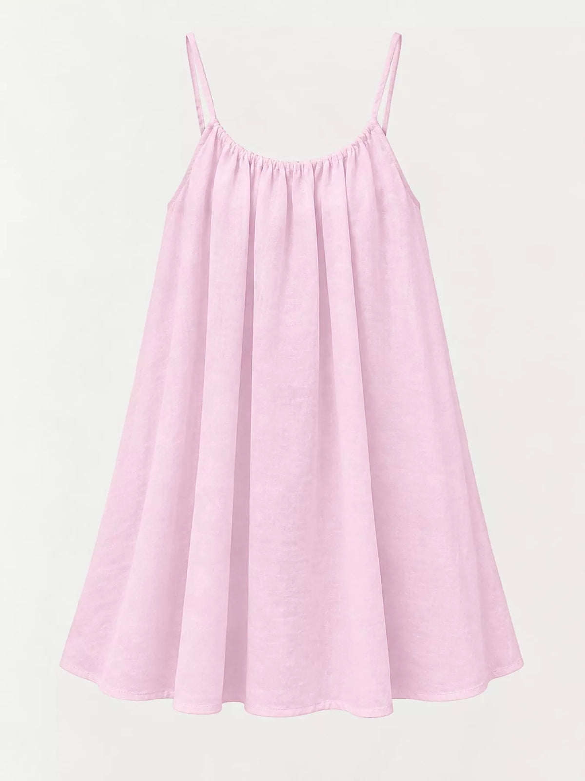 Light pink spaghetti-strap ruched mini dress with gathered swing skirt