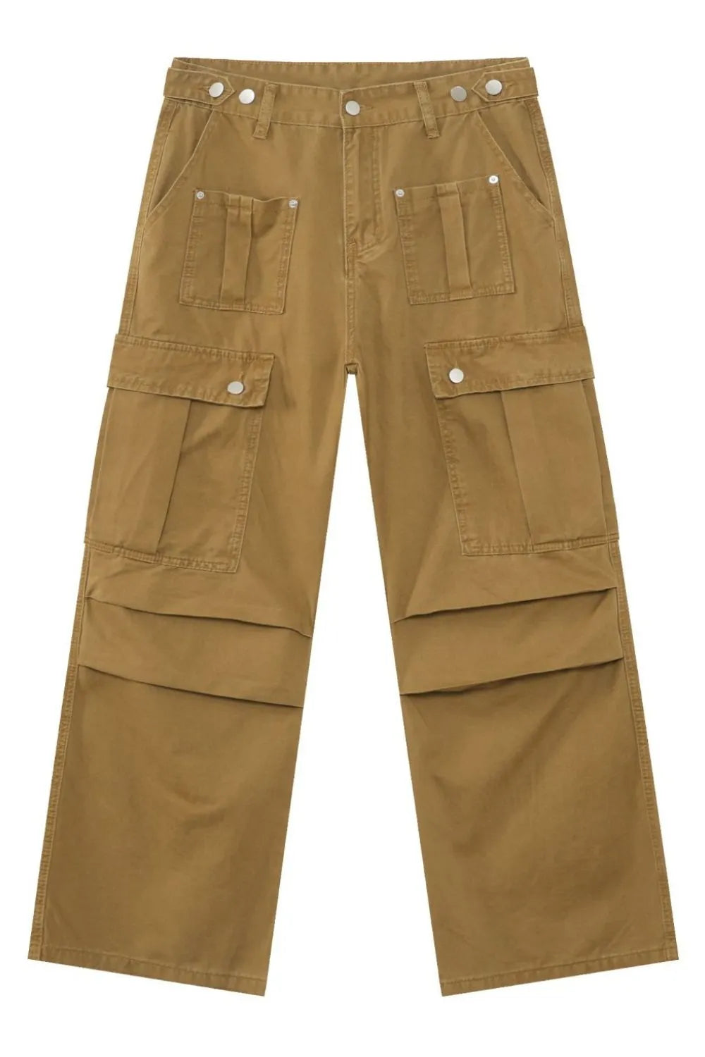 Khaki cargo jeans laid flat with four flap pockets