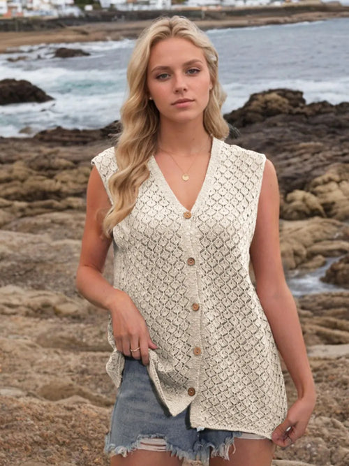 Beige button-up eyelet V-neck sweater vest, sleeveless, gold-tone buttons