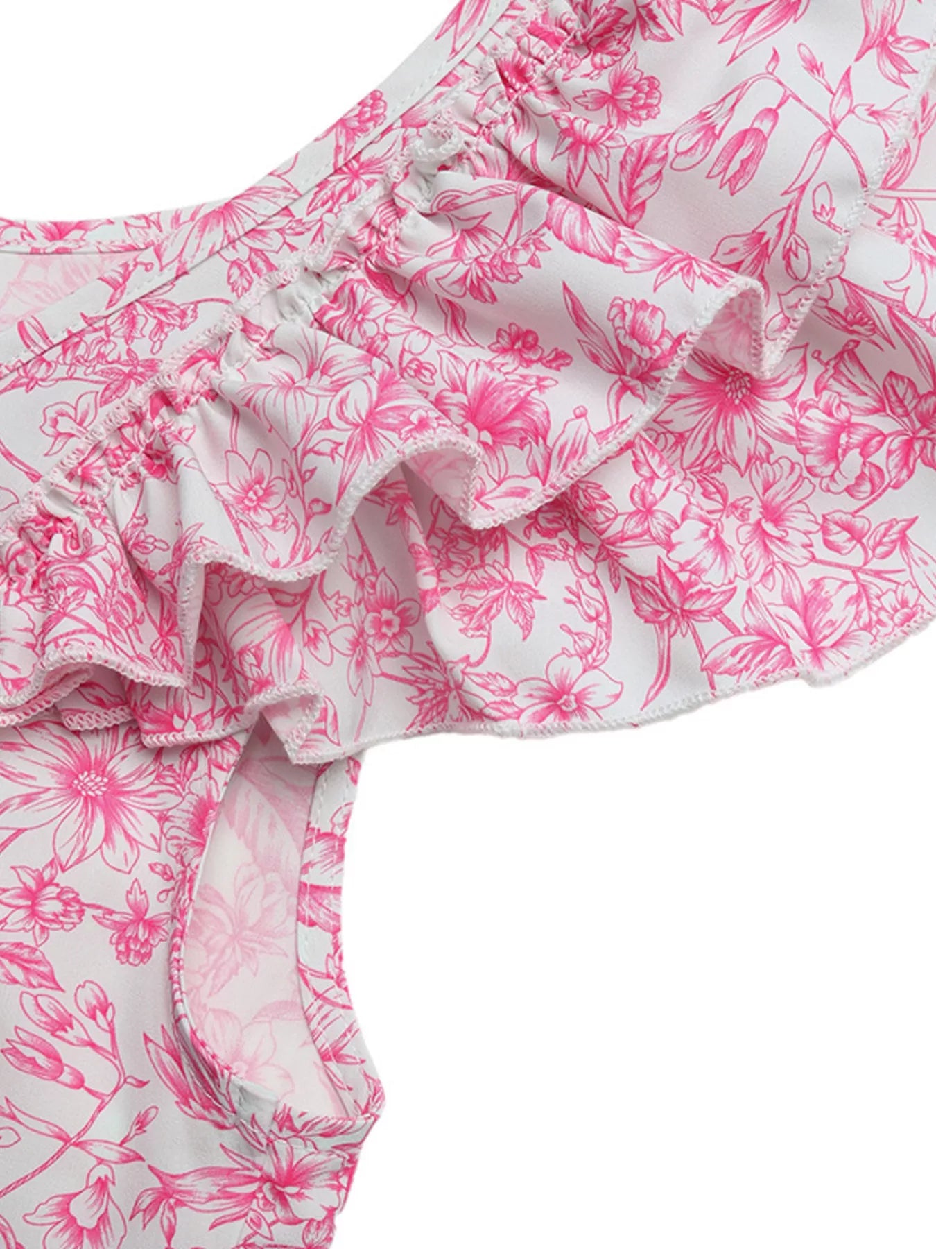 Cedar & Moore Floral Print Ruffle Sleeve Blouse, white with pink florals and bow accents