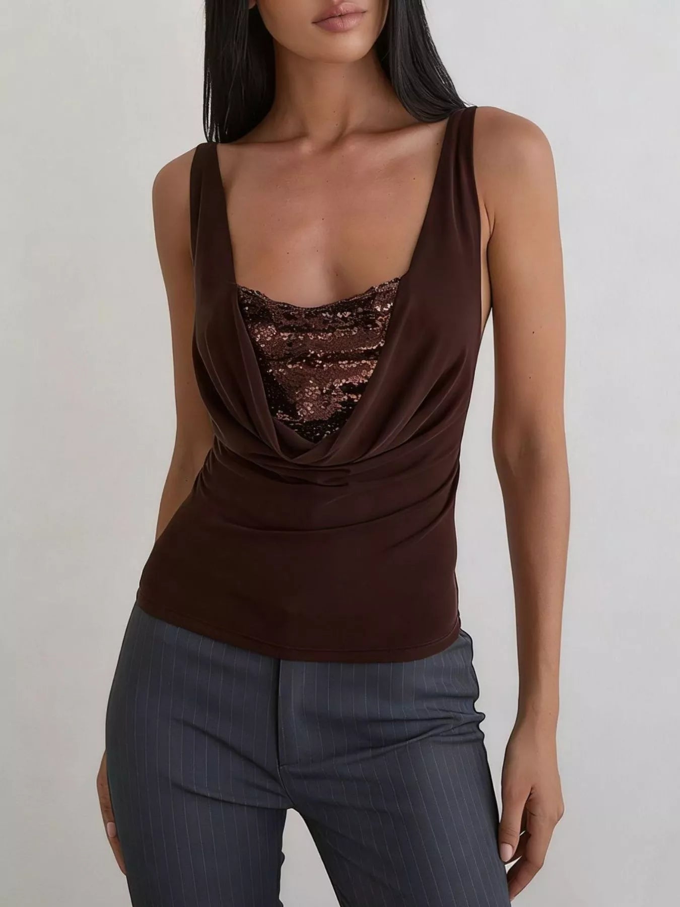 Cedar & Moore Sequin Detail Ruched Tank by Trendsi, chocolate brown satin with sequin insert