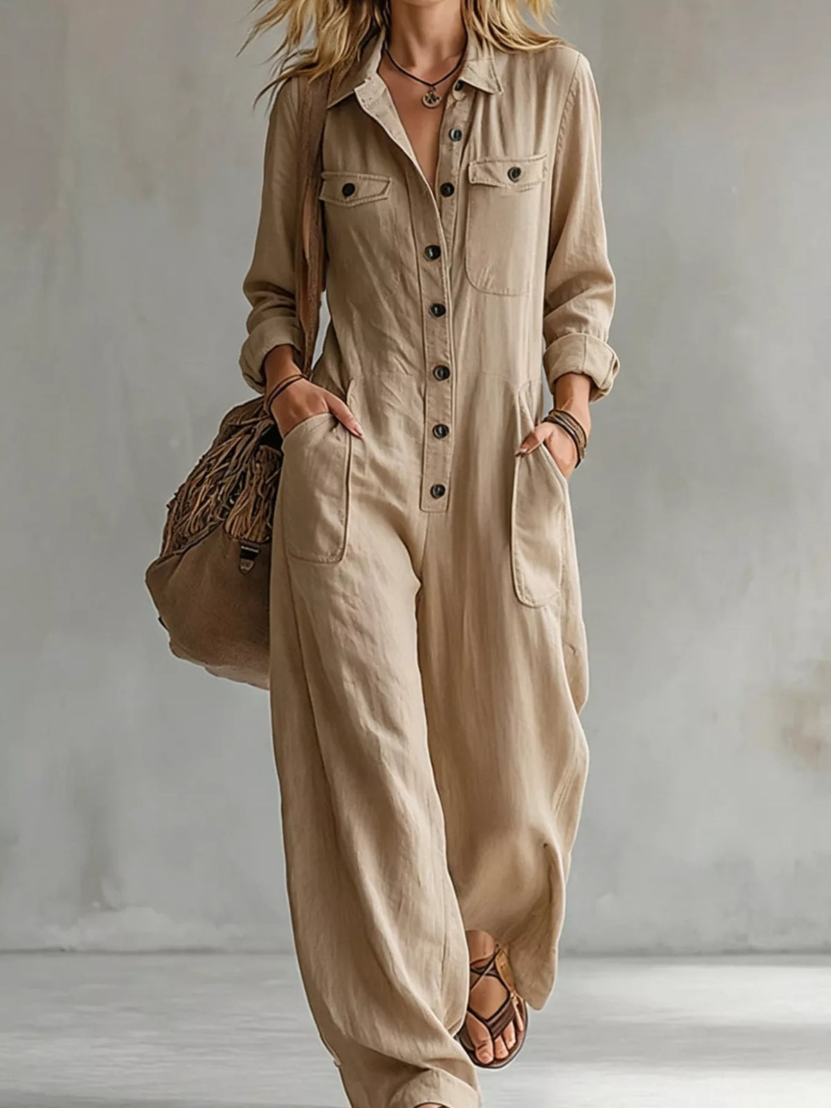 Casual long-sleeve button-front jumpsuit in beige with chest pockets and button placket
