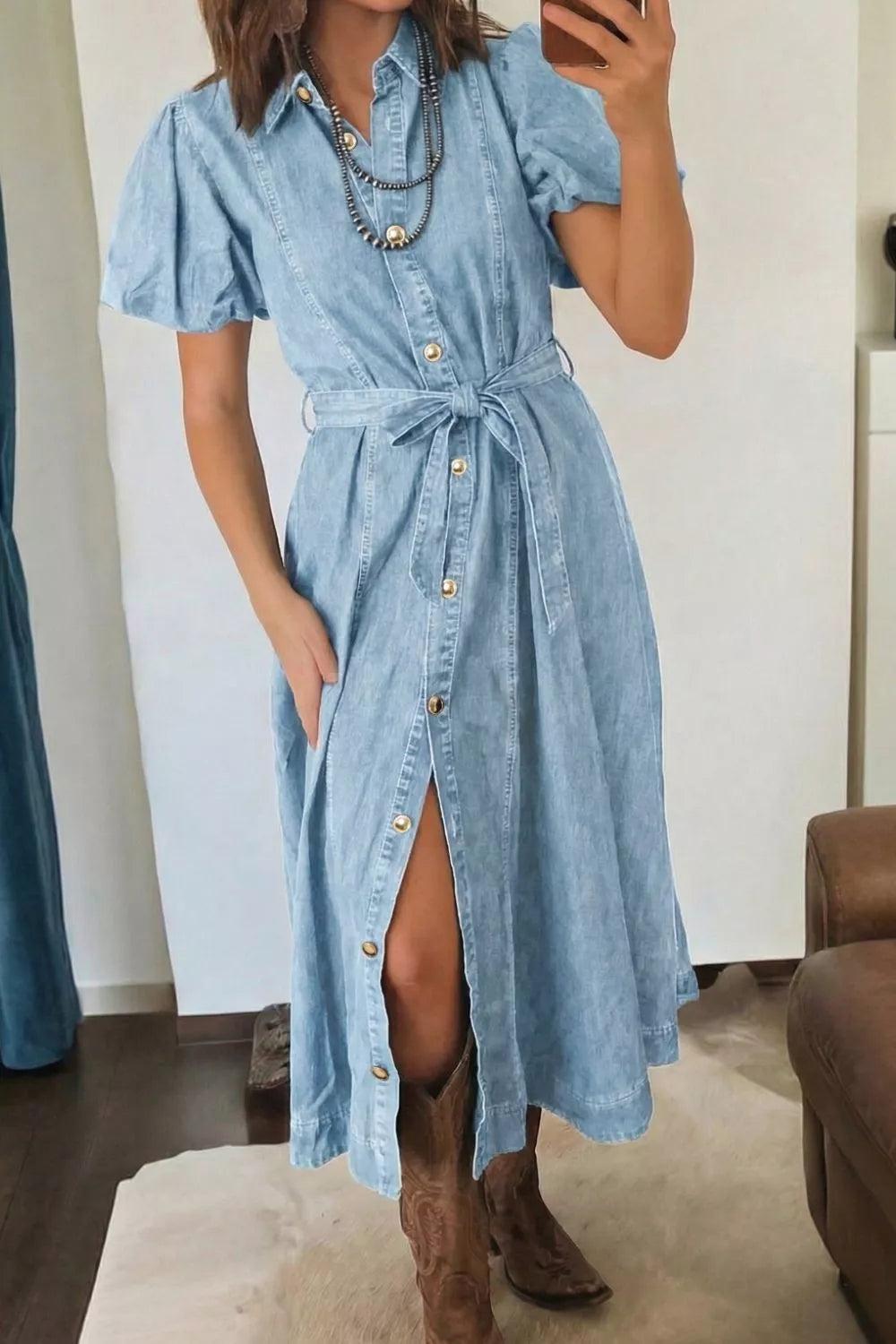 Cedar & Moore Full Buttons Collared Short Bubble Sleeve Long Denim Dress, light blue denim, belted waist, button-front