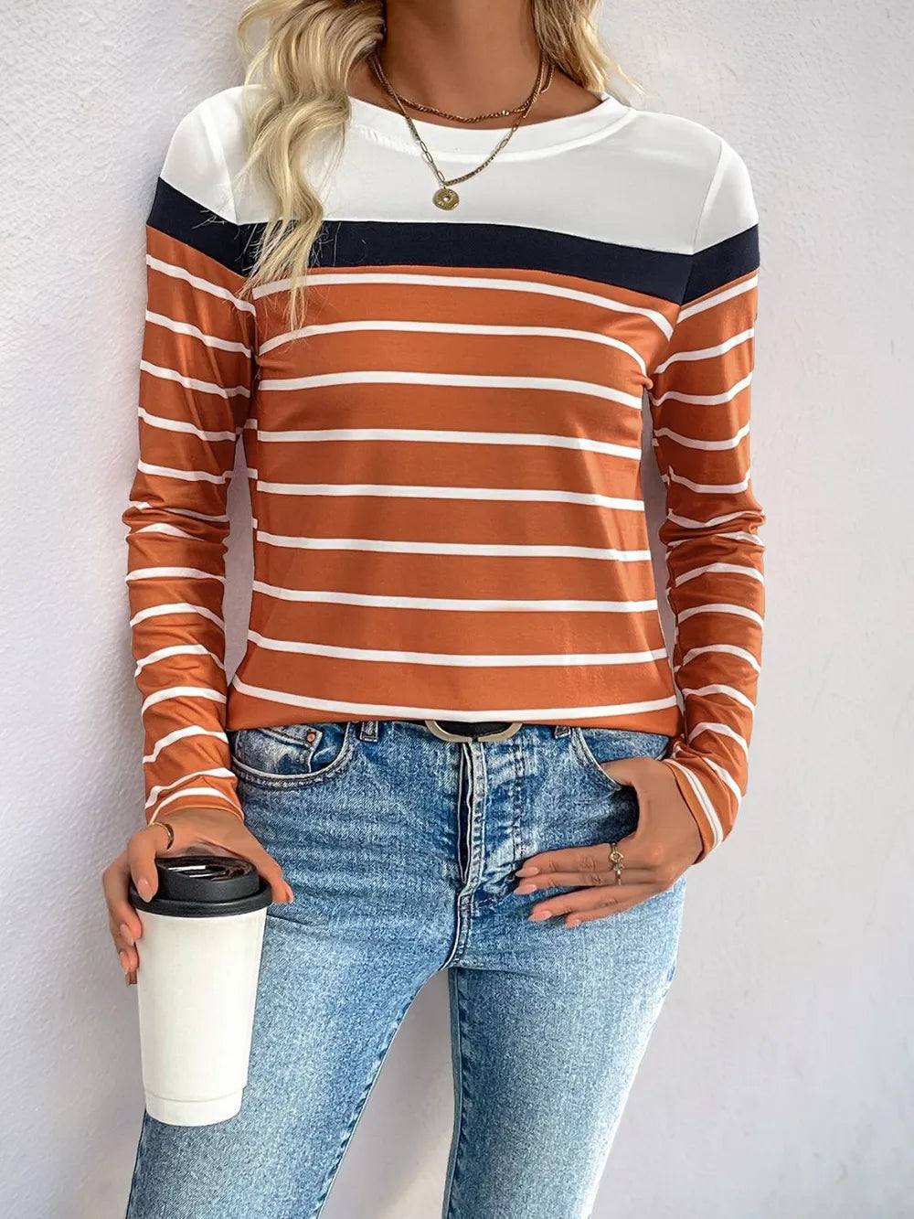 Terracotta striped long-sleeve T-shirt, round neck, white and navy contrast bands