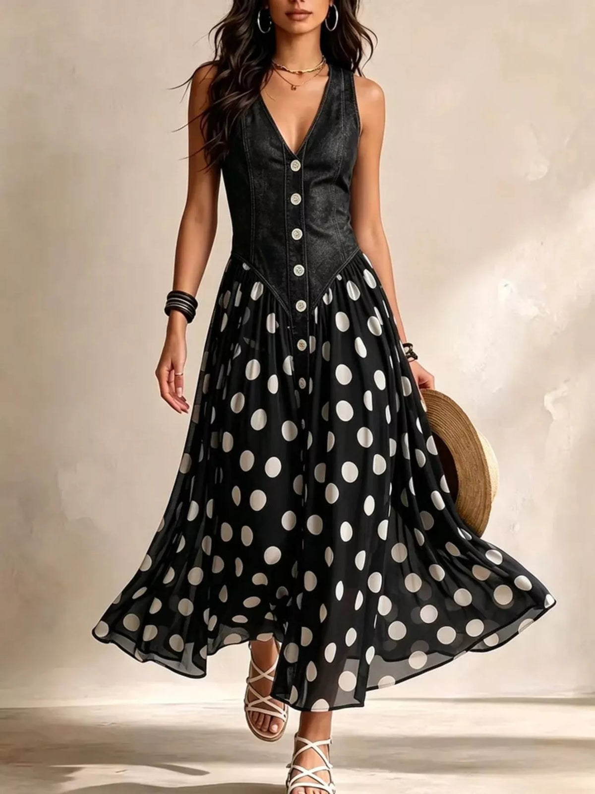 Black polka dot sleeveless V-neck maxi dress with button front and flared skirt