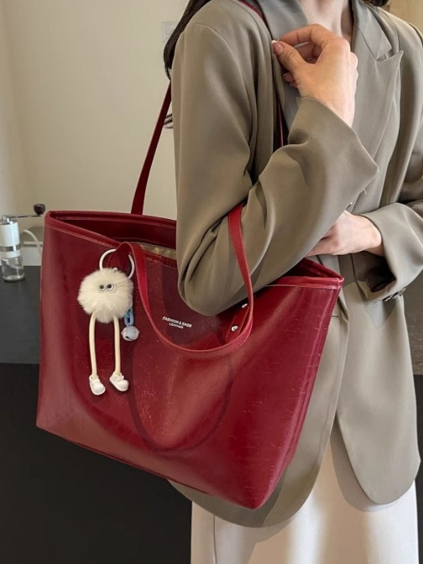 Faux Leather Shoulder Bag, red PU, large size, Trendsi