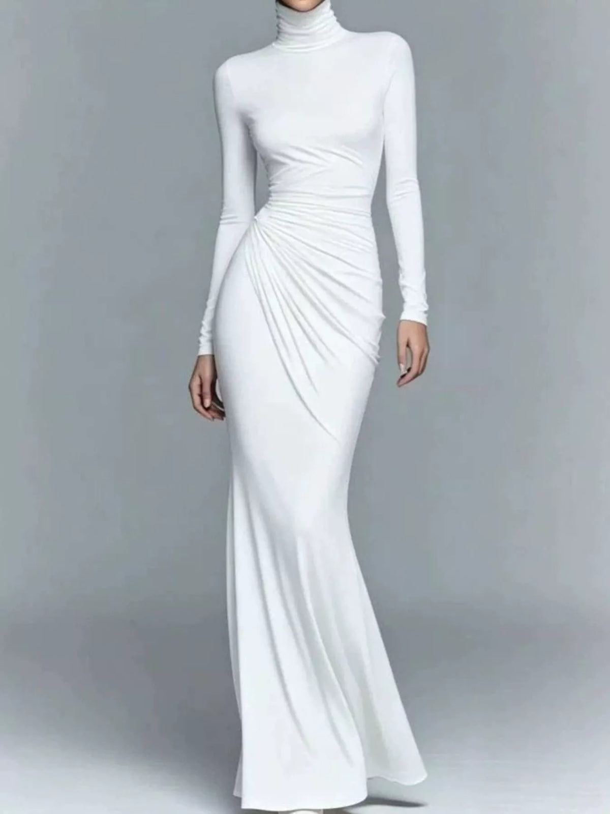 White long-sleeve turtleneck maxi dress with ruched waist and draped skirt