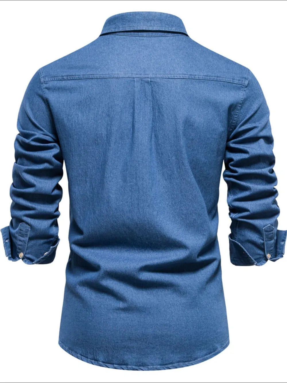 Men's blue denim button-up shirt, back view, long sleeves