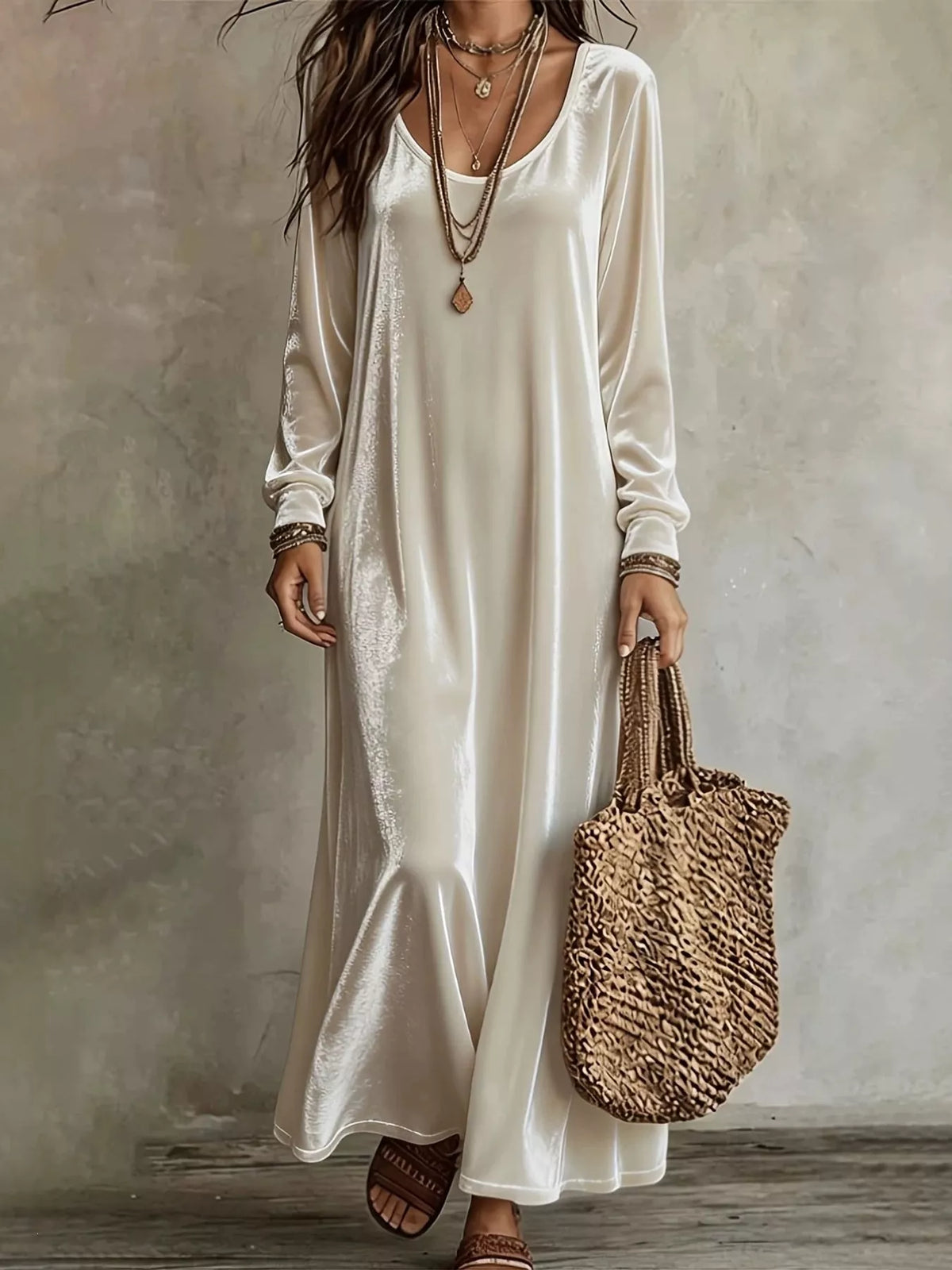 Ivory soft velvet long-sleeve maxi dress with scoop neckline and relaxed fit